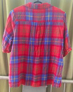 Red Plaid Denim Trim Top