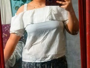 white cold shoulder ruffle blouse
