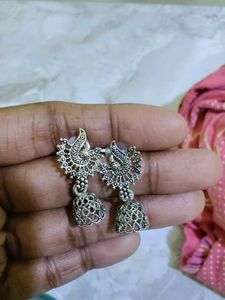 Oxidized Silver Peacock Jhumka Earrings