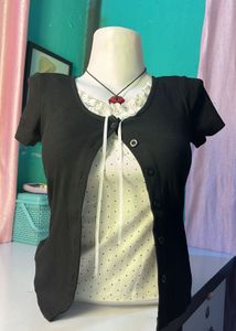 Cute Black Cardigan with White Polka Dot Top