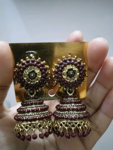 Maroon &amp; Gold Jhumka Earrings