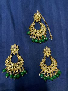 Gold Plated Kundan Maang Tikka &amp; Earrings Set