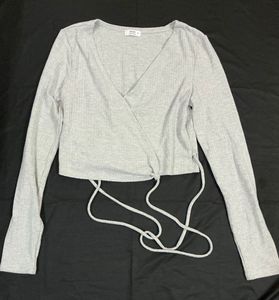 elegant Grey Ribbed Wrap Long Sleeve Top