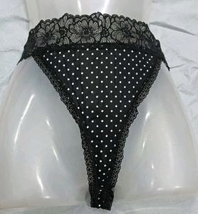 😍 Black Polka Dot Thong with Lace Trim