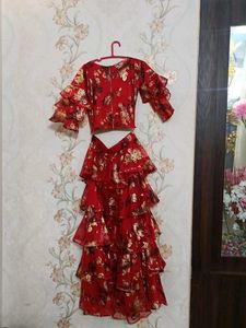 Red Floral crop top and long skirt
