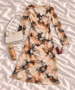 Abstract Print Ruched Mesh Dress