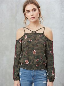 Camo Floral Cold-Shoulder Top
