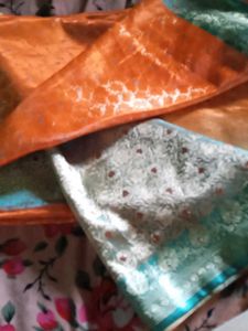 Vibrant Orange Saree with Blue &amp; Silver Border