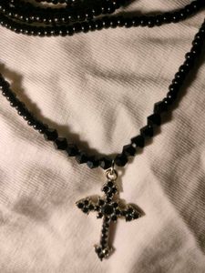 Black Beaded Necklace with Cross Pendant