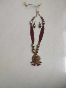 Maroon Beaded Necklace with Earrings