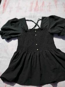 Chic Black Smocked Puff Sleeve Top
