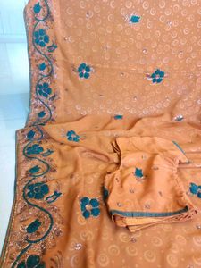 Mustard embroidered saree with blouse