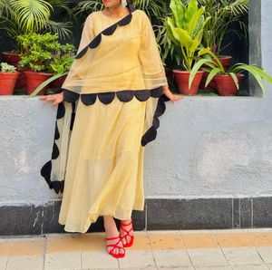 Yellow &amp; Black Dress with Scallop Detail