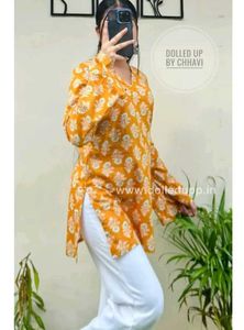 Mustard Yellow Printed Women Short Kurti