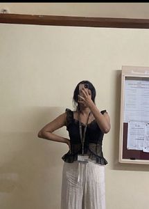 Sheer Black Ruffle Trim Top