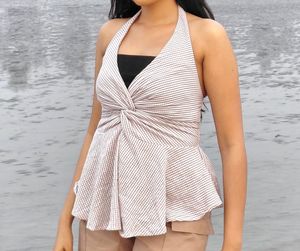 Deep neck Striped Halter Peplum To