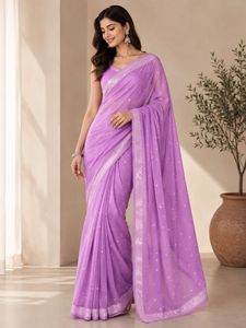 Beautiful Lavender Saree with White Motifs