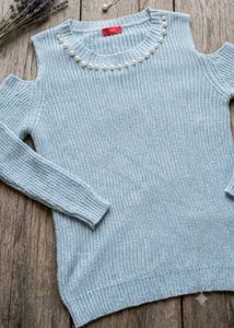 Cute Light Blue Cold Shoulder Sweater