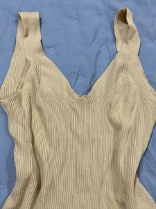 Cream Ribbed V-Neck Tank Top