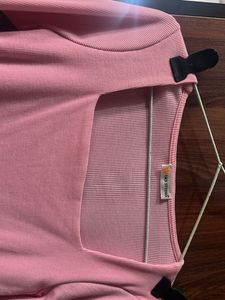 Pink ribbed Square Neck Long Sleeve Top