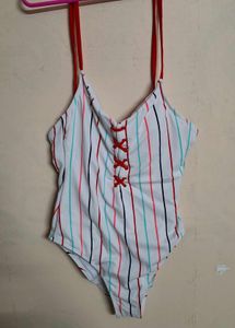 Striped One-Piece Swimsuit with Lace-Up Detail