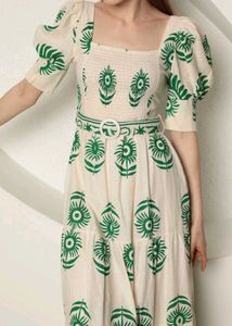 Elegant Beige Green Print Midi Dress