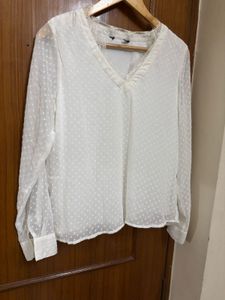 White Textured V-Neck Top