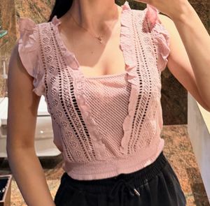 Pink Ruffled Knit Crop Top