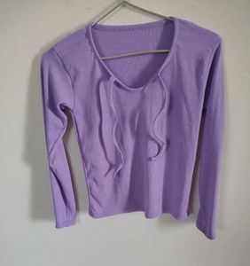 Lavender Tie Neck Ribbed Top[FREE DELIVERY CHARGE]