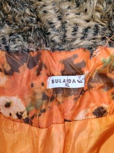 Orange Floral Quilted Jacket with Fur Collar