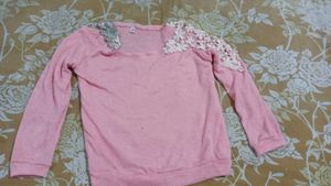 Pink Lace Shoulder Sweatshirt Kniteed Top