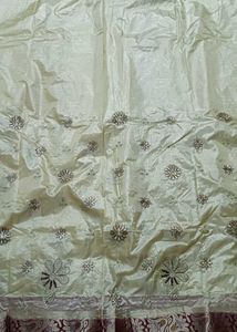 Cream &amp; Maroon Embroidered Silk Saree