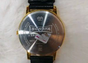 Sonata Gold Dial Watch with Black Leather Strap