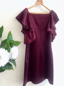 SHECZZAR Maroon Shimmer Ruffle Sleeve Dress