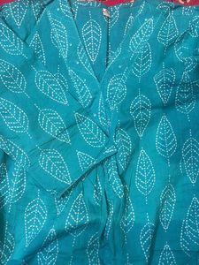 Teal Leaf Print Kurta with Pants