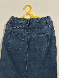 H&amp;M Distressed Denim Midi Skirt with Chain Detail