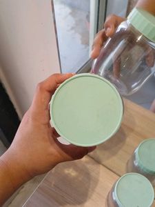 Set of 3 Clear Plastic Jars with Green Lids