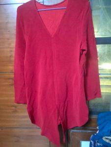 Red V-Neck Long Sleeve Top