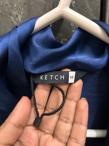 Elegant Navy Blue Satin Bow Blouse
