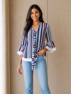 Striped Bell Sleeve Tie-Neck Top