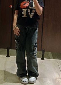 wash faded Black charcoal Cargo Jeans wide leg