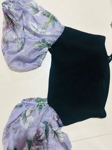 Chic Black Top with Floral Puff Sleeves