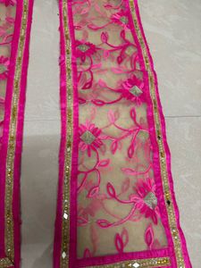 Elegant Beige Net Dupatta with Vibrant Pink Floral