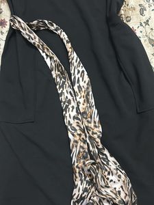 Classic Black Midi Dress with Leopard Scarf