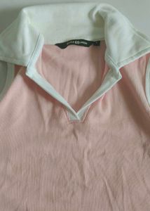 Pink Ribbed Polo Crop Top