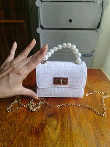 White Croc Textured sling Bag with Pearls