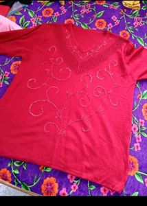 Red V-Neck Embellished Sweater