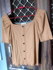 beige Ribbed Square Neck Top