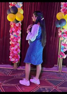 Denim Pinafore Dress with Bow Detail