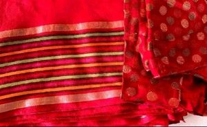 Red Saree with Golden Border and Polka dots Blouse